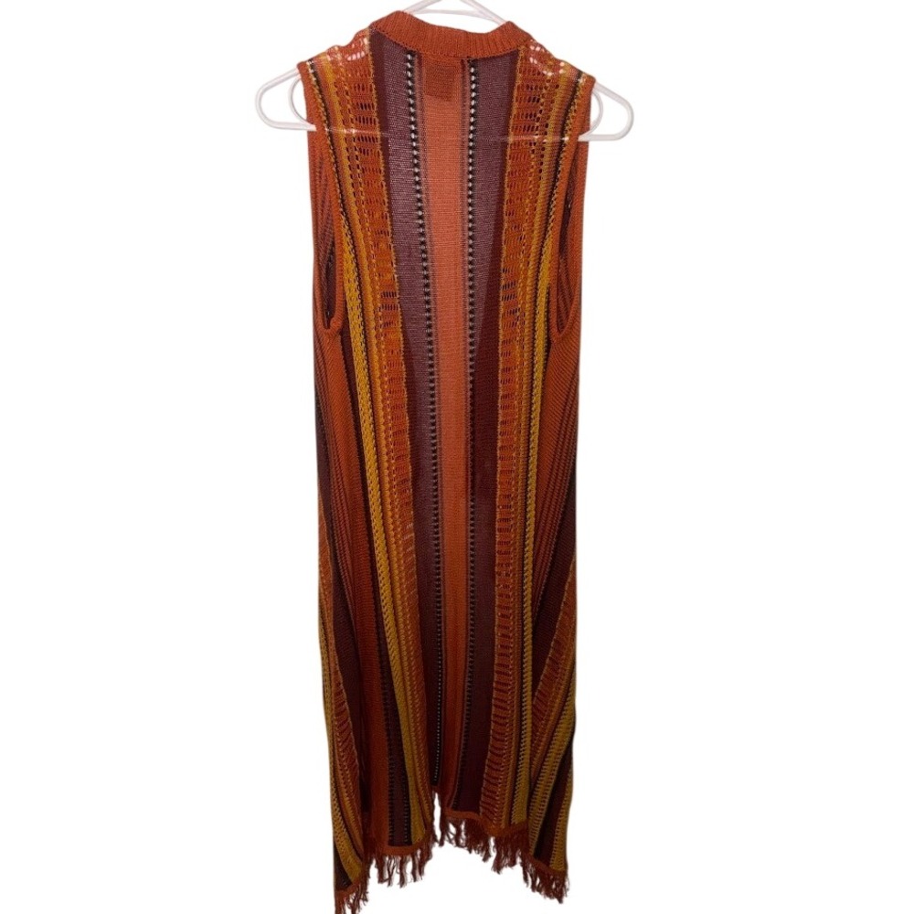 Runway 7 Womens Orange Striped Knit Duster Vest Fringe Size Medium RN 153606